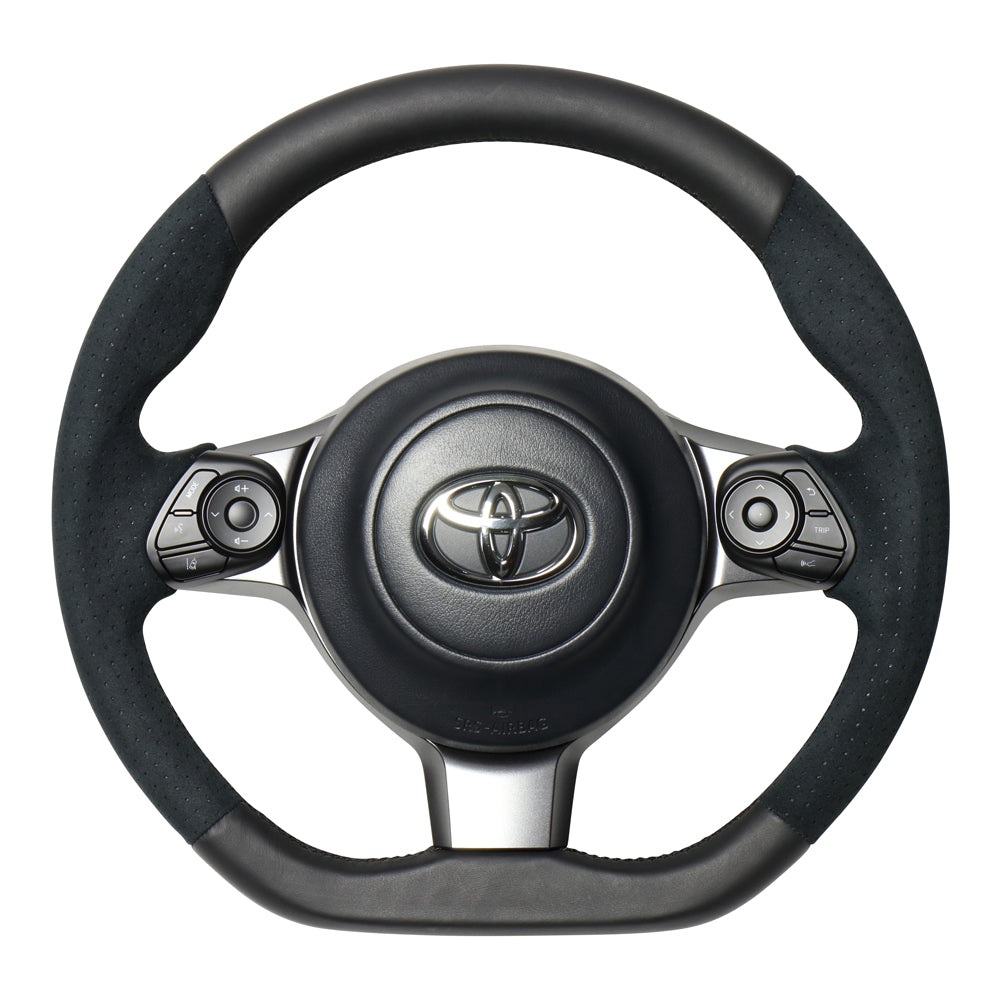 REAL ORIGINAL SERIES D SHAPE BLACK LEATHER & BLACK ULTRA SUEDE BLACK EURO STITCH STEERING WHEEL FOR SUBARU BRZ ZC6:LATE  GR-ALC-BK