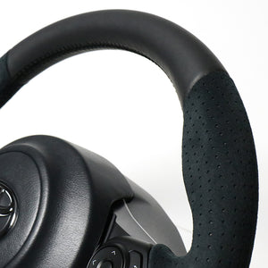 REAL ORIGINAL SERIES D SHAPE BLACK LEATHER & BLACK ULTRA SUEDE BLACK EURO STITCH STEERING WHEEL FOR TOYOTA PRIUS Α GR SPORT 40  GR-ALC-BK
