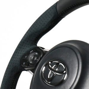 REAL ORIGINAL SERIES D SHAPE BLACK LEATHER & BLACK ULTRA SUEDE BLACK EURO STITCH STEERING WHEEL FOR TOYOTA NOAH GR SPORT 80  GR-ALC-BK