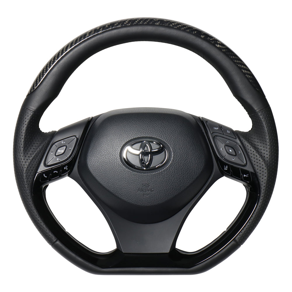 REAL ORIGINAL SERIES PLATE TYPE BLACK CARBON PLATE & PIANO BLACK PANEL BLACK EURO STITCH STEERING WHEEL FOR TOYOTA C-HR 10 50  X10N-BKC-PBP