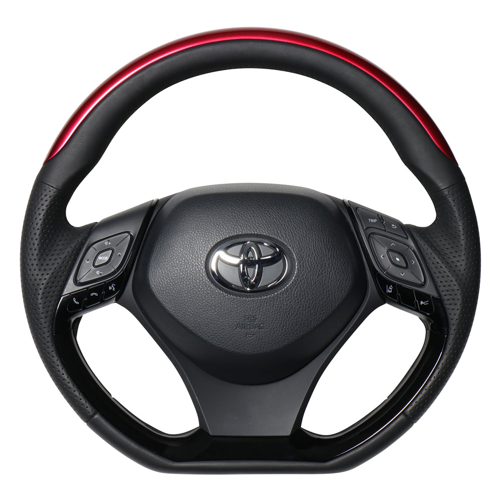 REAL ORIGINAL SERIES PLATE TYPE PEARL RED PLATE & PIANO BLACK PANEL BLACK EURO STITCH STEERING WHEEL FOR TOYOTA C-HR 10 50  X10N-RDP-PBP
