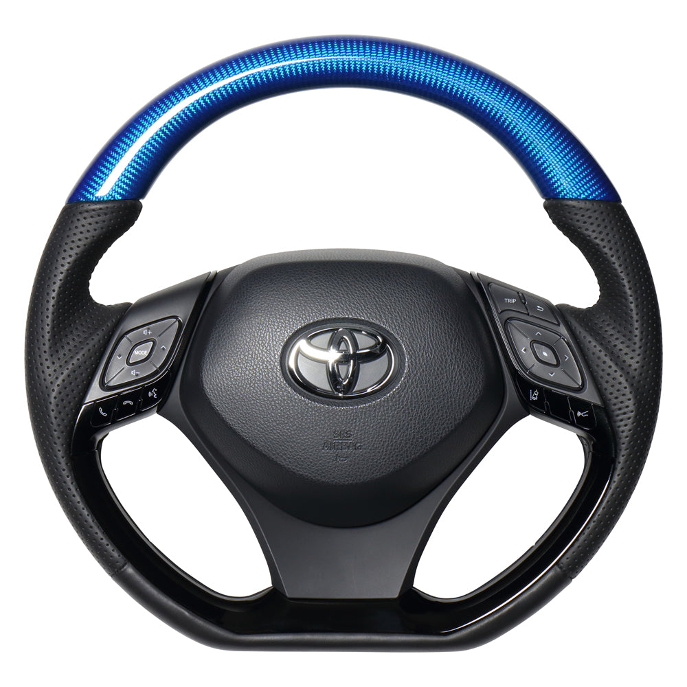 REAL ORIGINAL SERIES COMBINATION TYPE BLUE CARBON & PIANO BLACK PANEL BLACK EURO STITCH STEERING WHEEL FOR TOYOTA C-HR 10 50  X10-BLC-PBP