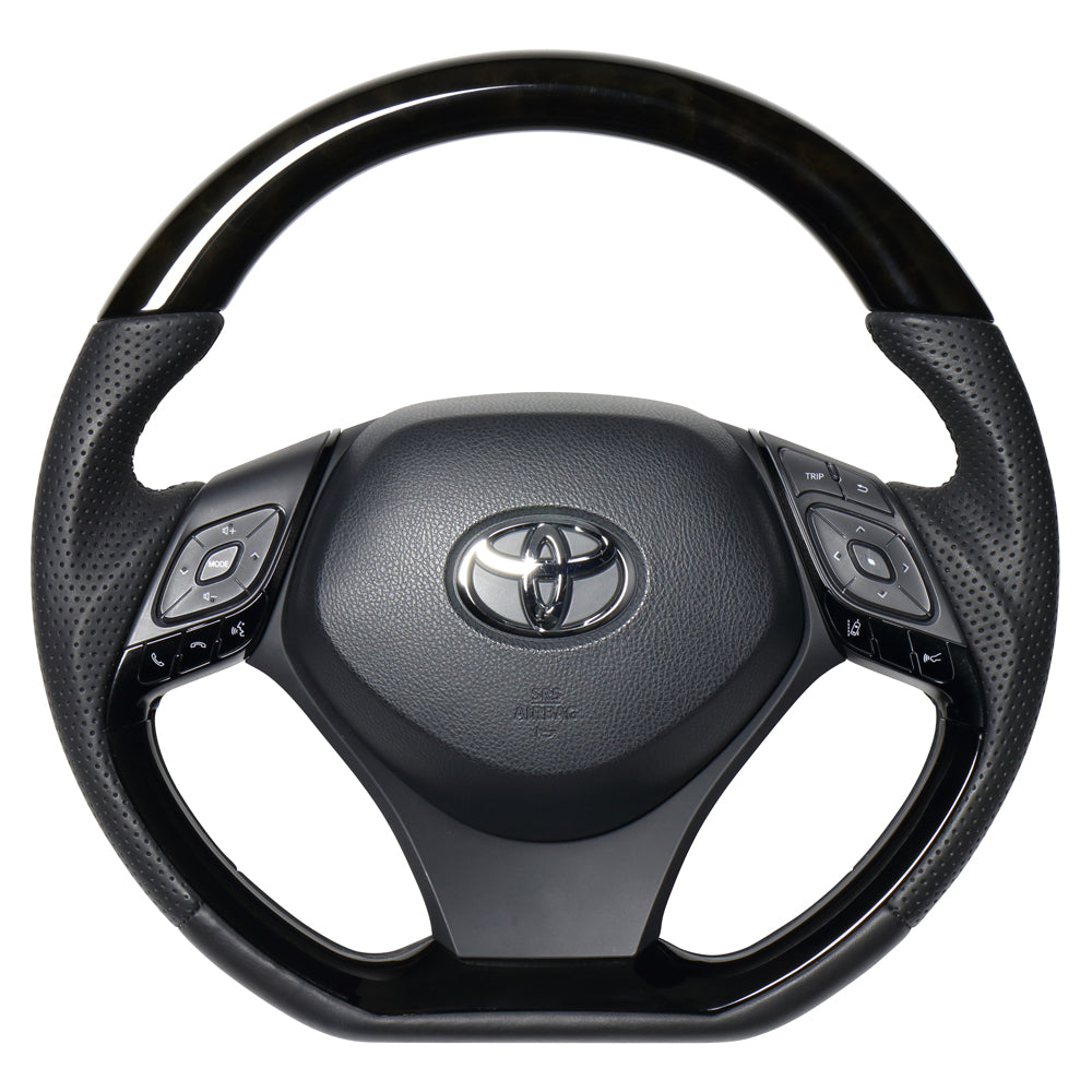 REAL ORIGINAL SERIES COMBINATION TYPE BLACK WOOD & PIANO BLACK PANEL BLACK EURO STITCH STEERING WHEEL FOR TOYOTA C-HR 10 50  X10-BKW-PBP