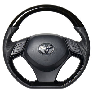 REAL ORIGINAL SERIES COMBINATION TYPE BLACK WOOD & PIANO BLACK PANEL BLACK EURO STITCH STEERING WHEEL FOR TOYOTA C-HR 10 50  X10-BKW-PBP