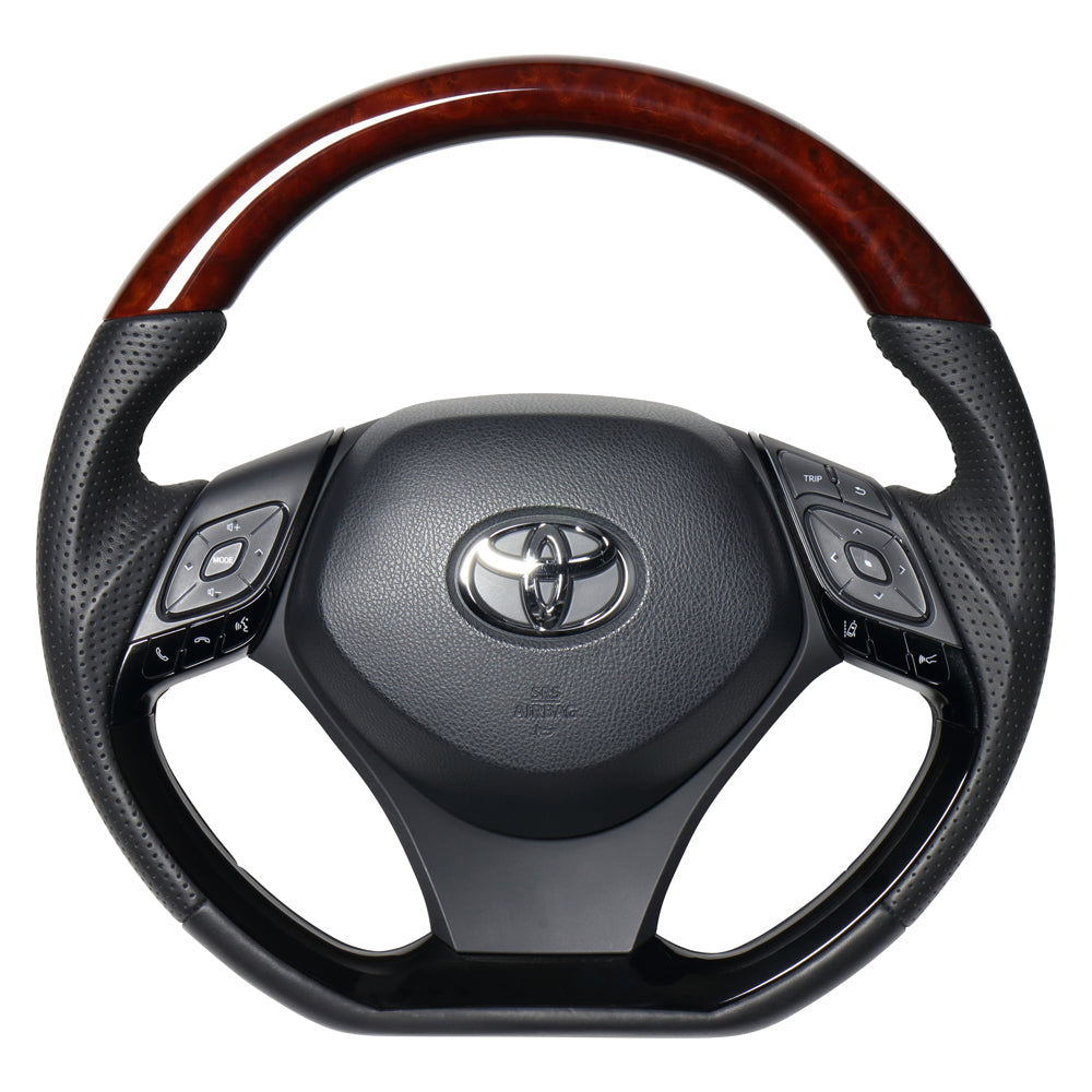 REAL ORIGINAL SERIES COMBINATION TYPE BROWN WOOD & PIANO BLACK PANEL BLACK EURO STITCH STEERING WHEEL FOR TOYOTA C-HR 10 50  X10-BRW-PBP