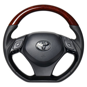 REAL ORIGINAL SERIES COMBINATION TYPE BROWN WOOD & PIANO BLACK PANEL BLACK EURO STITCH STEERING WHEEL FOR TOYOTA C-HR 10 50  X10-BRW-PBP