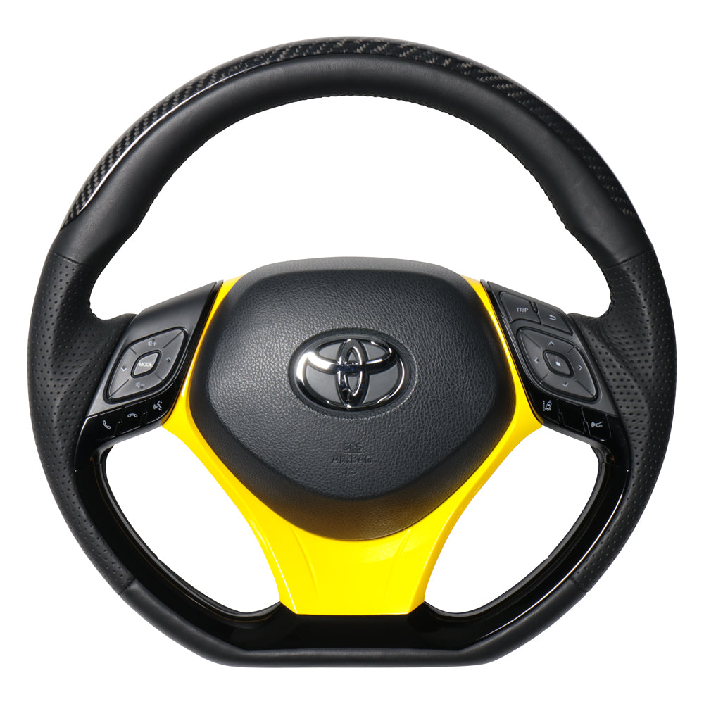 REAL ORIGINAL SERIES SET PLATE TYPE + UNDER PAD SET BLACK CARBON PLATE STEERING + YELLOW UNDER PAD BLACK EURO STITCH STEERING WHEEL FOR TOYOTA C-HR 10 50  X10N-BKC-PBP-YLP
