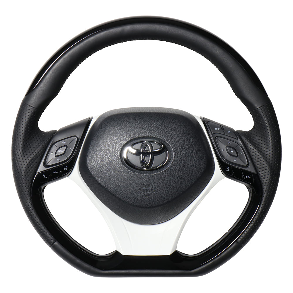 REAL ORIGINAL SERIES SET PLATE TYPE + UNDER PAD SET PIANO BLACK PLATE STEERING + WHITE UNDER PAD BLACK EURO STITCH STEERING WHEEL FOR TOYOTA C-HR 10 50  X10N-PBP-PBP-WHP