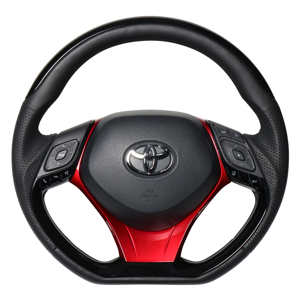 REAL ORIGINAL SERIES SET PLATE TYPE + UNDER PAD SET PIANO BLACK PLATE STEERING + PEARL RED UNDER PAD BLACK EURO STITCH STEERING WHEEL FOR TOYOTA C-HR 10 50  X10N-PBP-PBP-RDP
