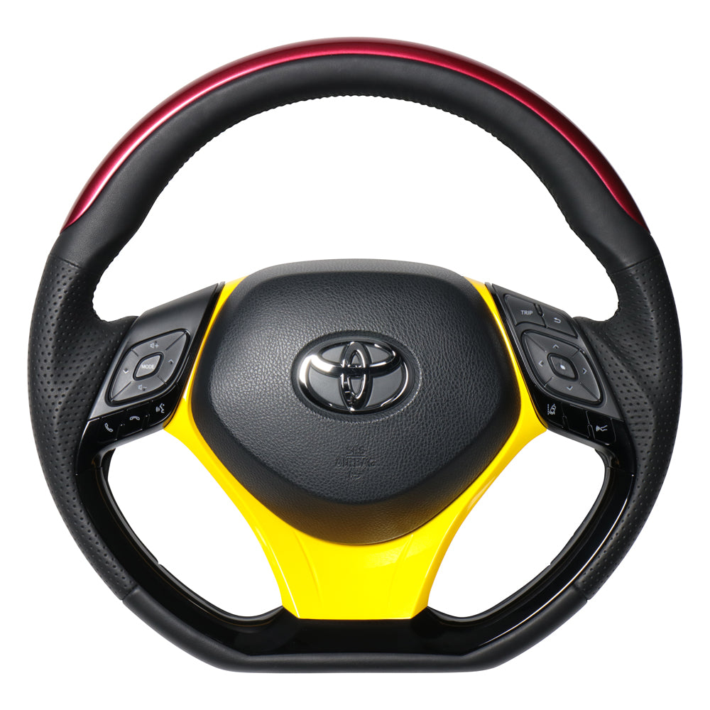 REAL ORIGINAL SERIES SET PLATE TYPE + UNDER PAD SET PEARL RED PLATE & PIANO BLACK PANEL STEERING + YELLOW UNDER PAD BLACK EURO STITCH STEERING WHEEL FOR TOYOTA C-HR 10 50  X10N-RDP-PBP-YLP