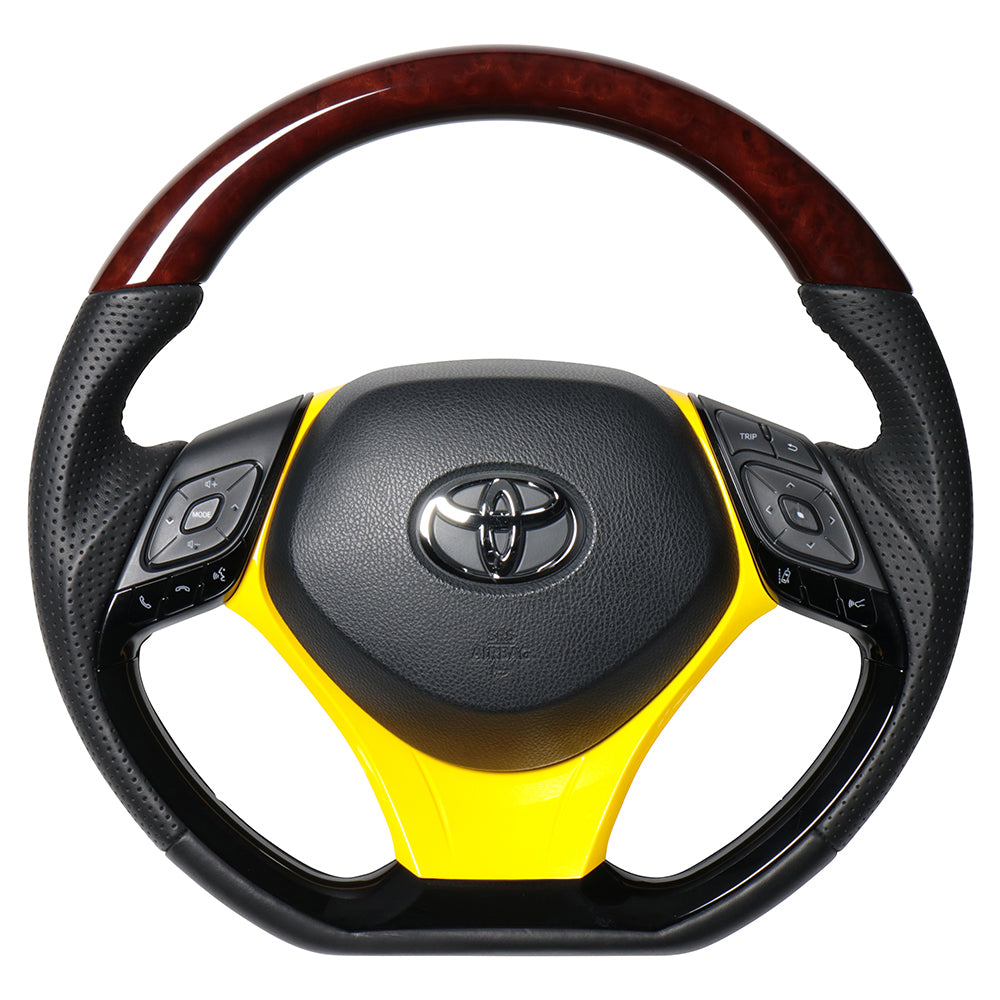 REAL ORIGINAL SERIES SET COMBINATION TYPE + UNDER PAD SET BROWN WOOD STEERING + YELLOW UNDER PAD BLACK EURO STITCH STEERING WHEEL FOR TOYOTA C-HR 10 50  X10-BRW-PBP-YLP