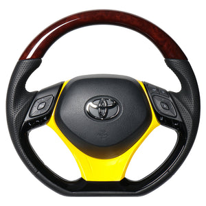 REAL ORIGINAL SERIES SET COMBINATION TYPE + UNDER PAD SET BROWN WOOD STEERING + YELLOW UNDER PAD BLACK EURO STITCH STEERING WHEEL FOR TOYOTA C-HR 10 50  X10-BRW-PBP-YLP