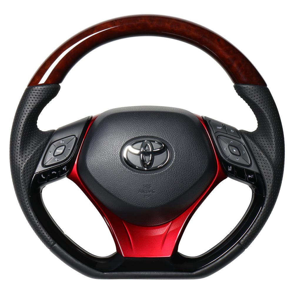 REAL ORIGINAL SERIES SET COMBINATION TYPE + UNDER PAD SET BROWN WOOD STEERING + PEARL RED UNDER PAD BLACK EURO STITCH STEERING WHEEL FOR TOYOTA C-HR 10 50  X10-BRW-PBP-RDP