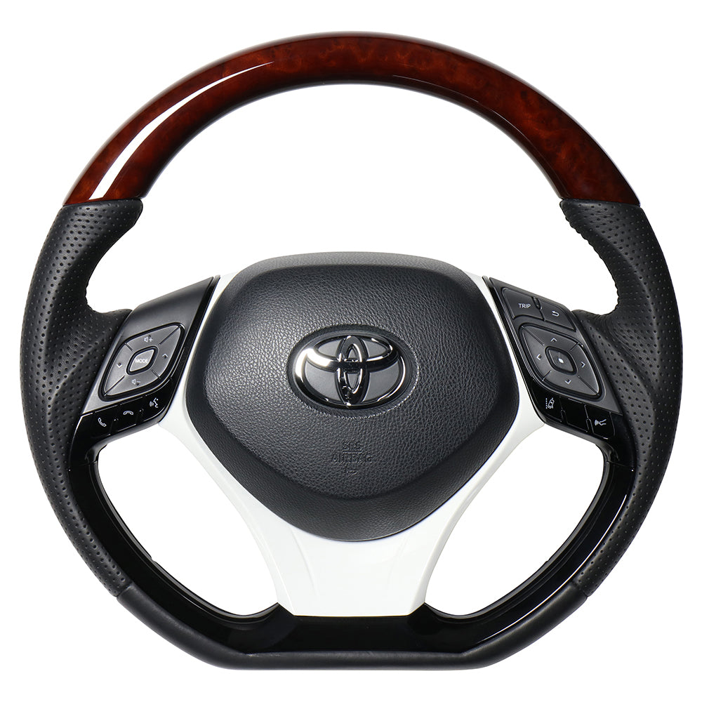 REAL ORIGINAL SERIES SET COMBINATION TYPE + UNDER PAD SET BROWN WOOD STEERING + WHITE UNDER PAD BLACK EURO STITCH STEERING WHEEL FOR TOYOTA C-HR 10 50  X10-BRW-PBP-WHP