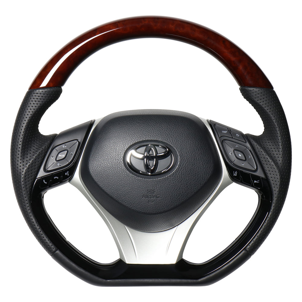REAL ORIGINAL SERIES SET COMBINATION TYPE + UNDER PAD SET BROWN WOOD STEERING + SILVER UNDER PAD BLACK EURO STITCH STEERING WHEEL FOR TOYOTA C-HR 10 50  X10-BRW-PBP-SLP