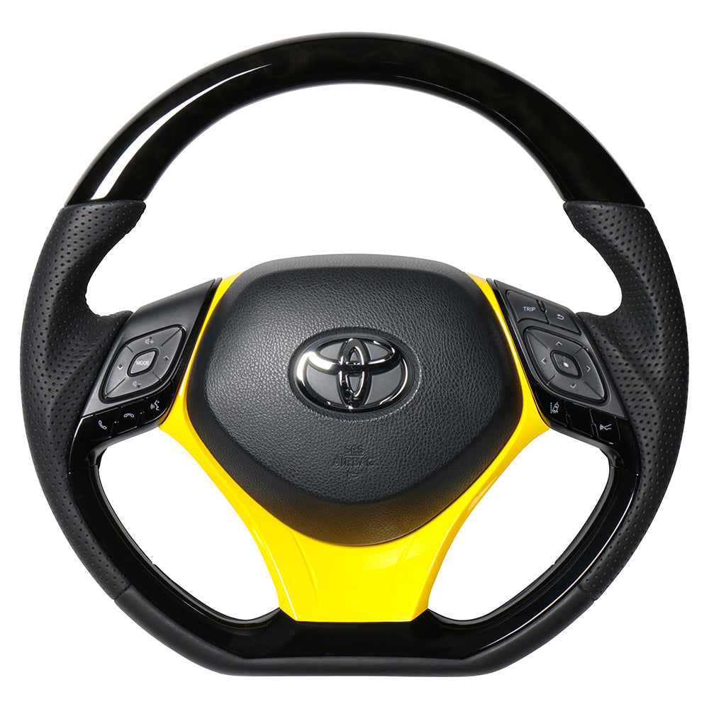 REAL ORIGINAL SERIES SET COMBINATION TYPE + UNDER PAD SET BLACK WOOD STEERING + YELLOW UNDER PAD BLACK EURO STITCH STEERING WHEEL FOR TOYOTA C-HR 10 50  X10-BKW-PBP-YLP