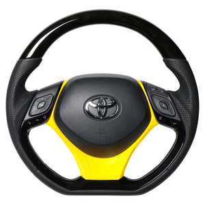 REAL ORIGINAL SERIES SET COMBINATION TYPE + UNDER PAD SET BLACK WOOD STEERING + YELLOW UNDER PAD BLACK EURO STITCH STEERING WHEEL FOR TOYOTA C-HR 10 50  X10-BKW-PBP-YLP