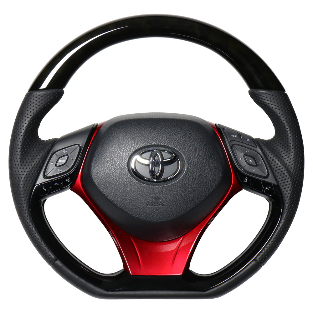 REAL ORIGINAL SERIES SET COMBINATION TYPE + UNDER PAD SET BLACK WOOD STEERING + PEARL RED UNDER PAD BLACK EURO STITCH STEERING WHEEL FOR TOYOTA C-HR 10 50  X10-BKW-PBP-RDP