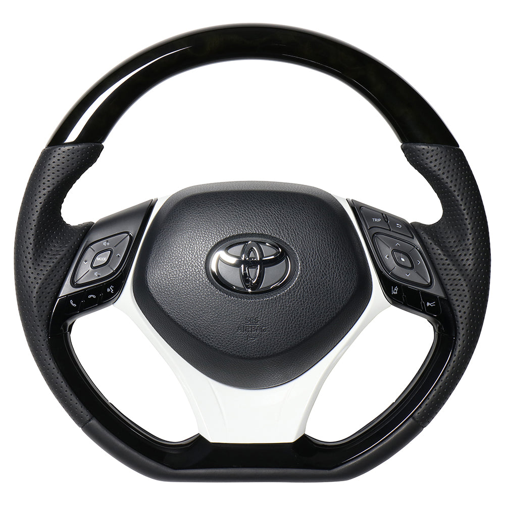 REAL ORIGINAL SERIES SET COMBINATION TYPE + UNDER PAD SET BLACK WOOD STEERING + WHITE UNDER PAD BLACK EURO STITCH STEERING WHEEL FOR TOYOTA C-HR 10 50  X10-BKW-PBP-WHP