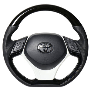 REAL ORIGINAL SERIES SET COMBINATION TYPE + UNDER PAD SET BLACK WOOD STEERING + WHITE UNDER PAD BLACK EURO STITCH STEERING WHEEL FOR TOYOTA C-HR 10 50  X10-BKW-PBP-WHP
