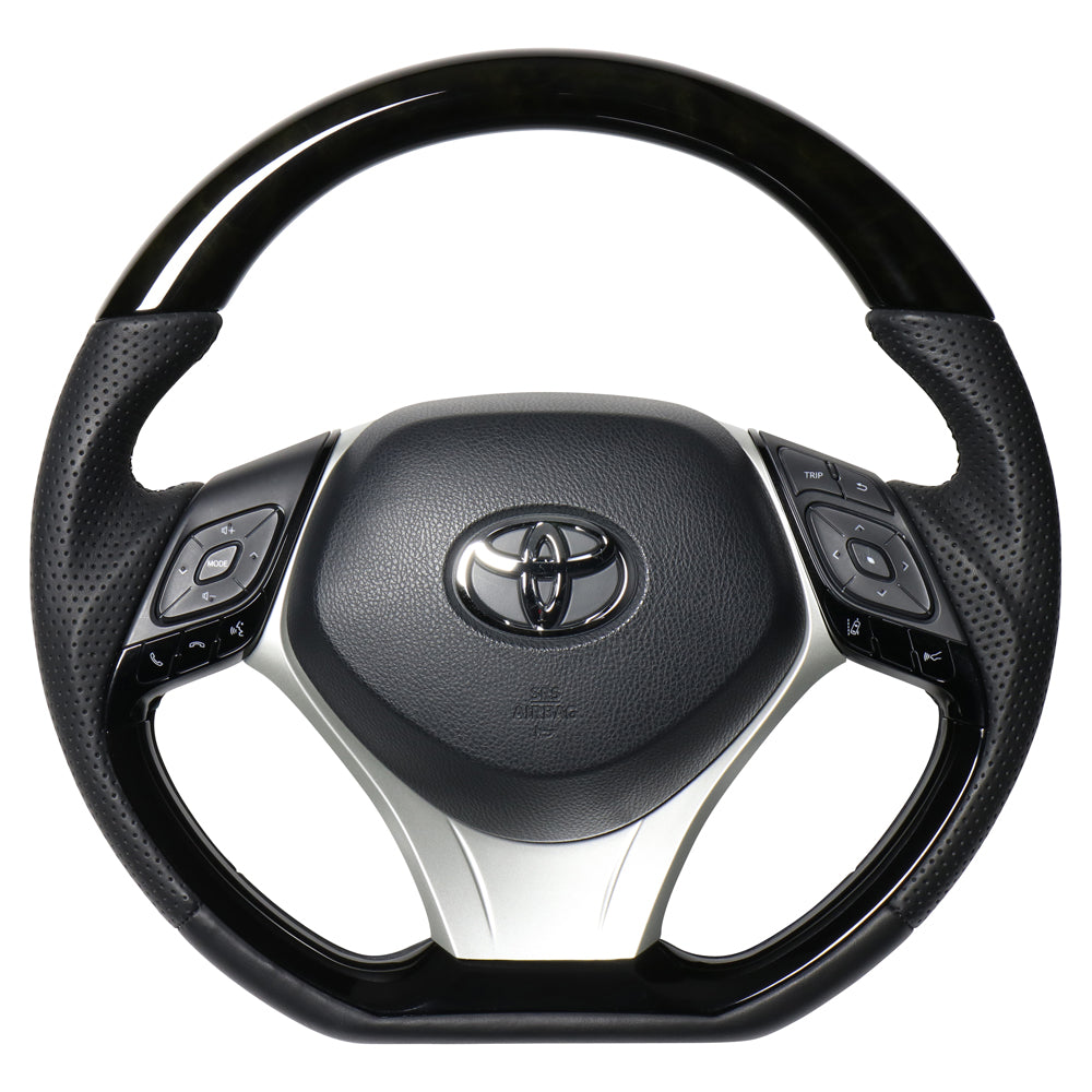 REAL ORIGINAL SERIES SET COMBINATION TYPE + UNDER PAD SET BLACK WOOD STEERING + SILVER UNDER PAD BLACK EURO STITCH STEERING WHEEL FOR TOYOTA C-HR 10 50  X10-BKW-PBP-SLP