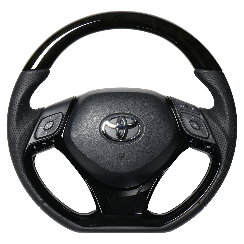 REAL ORIGINAL SERIES SET COMBINATION TYPE + UNDER PAD SET BLACK WOOD STEERING + PIANO BLACK UNDER PAD BLACK EURO STITCH STEERING WHEEL FOR TOYOTA C-HR 10 50  X10-BKW-PBP-PBP