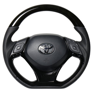 REAL ORIGINAL SERIES SET COMBINATION TYPE + UNDER PAD SET BLACK WOOD STEERING + PIANO BLACK UNDER PAD BLACK EURO STITCH STEERING WHEEL FOR TOYOTA C-HR 10 50  X10-BKW-PBP-PBP