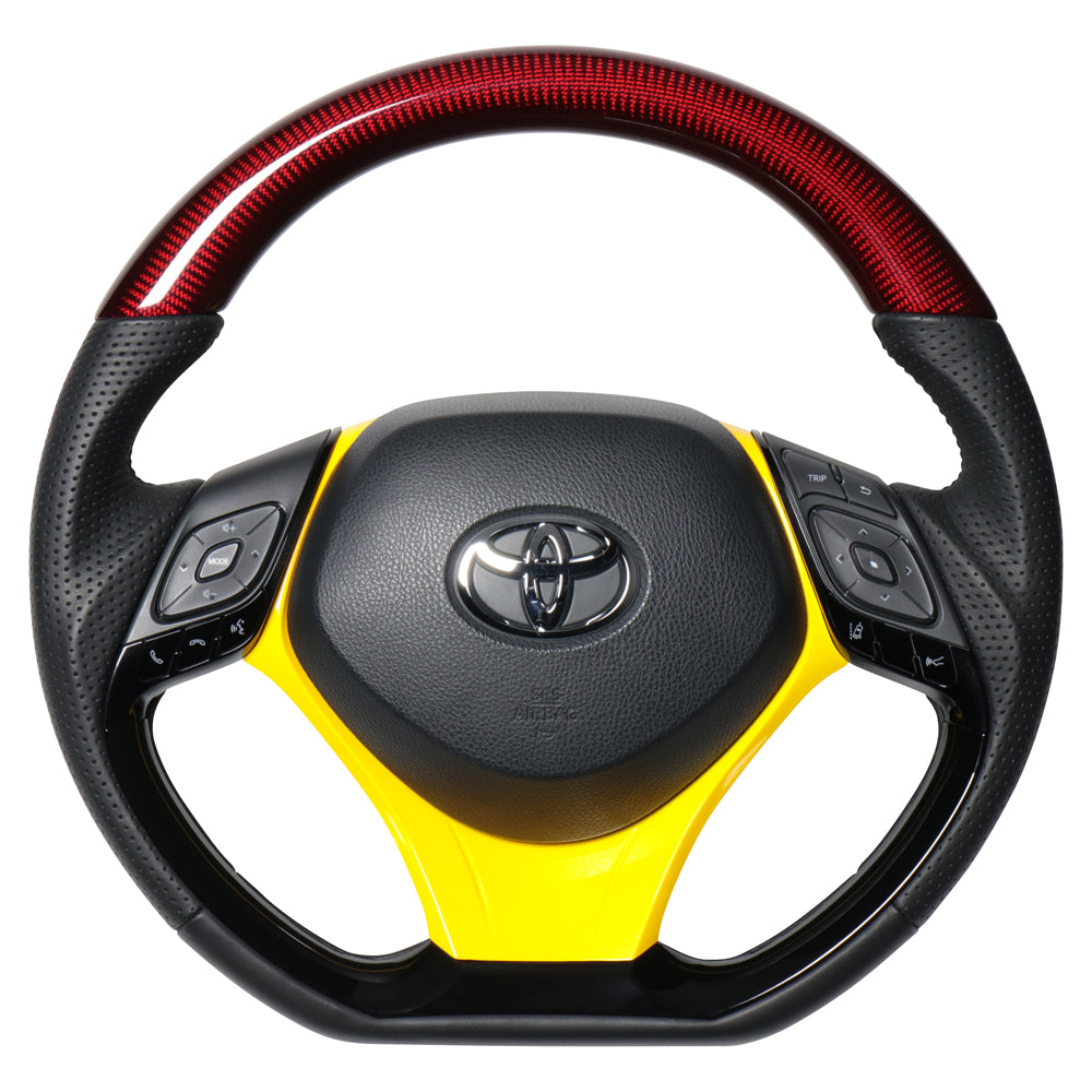REAL ORIGINAL SERIES SET COMBINATION TYPE + UNDER PAD SET RED CARBON STEERING + YELLOW UNDER PAD BLACK EURO STITCH STEERING WHEEL FOR TOYOTA C-HR 10 50  X10-RDC-PBP-RDP