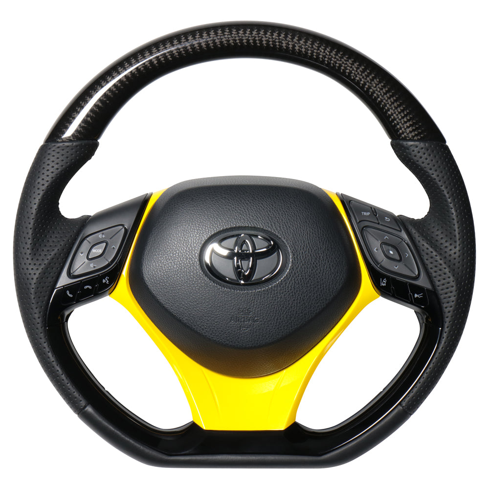 REAL ORIGINAL SERIES SET COMBINATION TYPE + UNDER PAD SET BLACK CARBON STEERING + YELLOW UNDER PAD BLACK EURO STITCH STEERING WHEEL FOR TOYOTA C-HR 10 50  X10-BKC-PBP-YLP