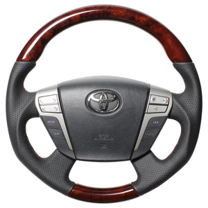 REAL ORIGINAL SERIES ROUND SHAPEDEEP BROWN WOOD BROWN EURO STITCH STEERING WHEEL FOR TOYOTA CROWN HYBRID 200  H20-RBW-BR