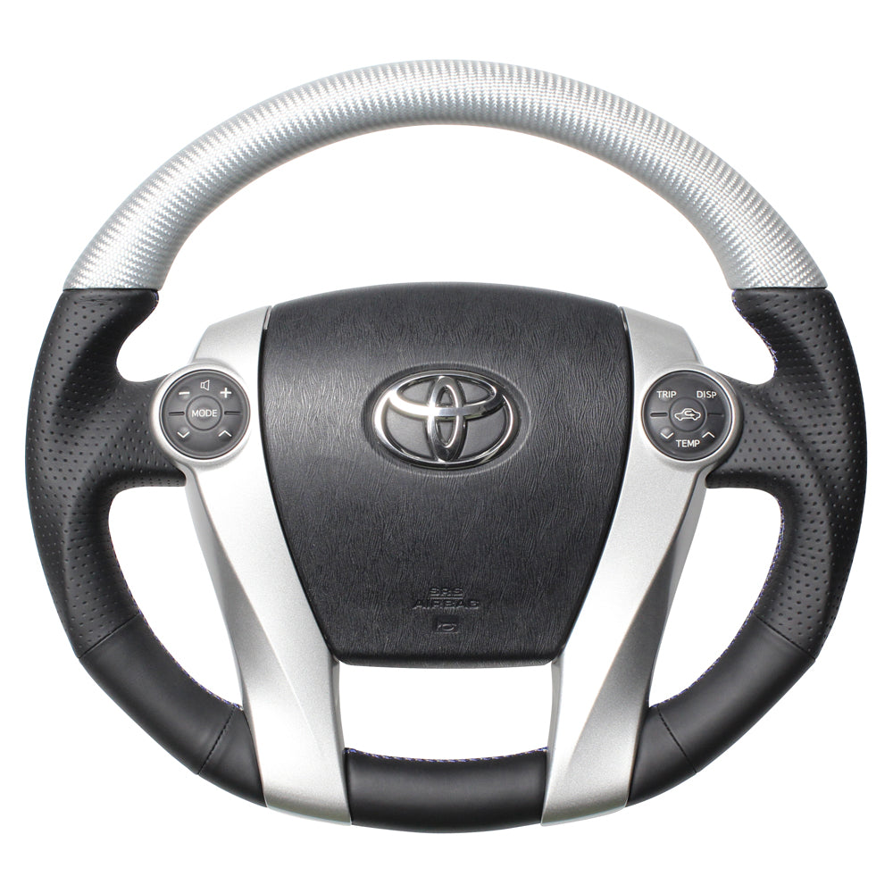 REAL PREMIUM SERIES OVAL SHAPE MATTE SILVER CARBON UNGLAZED BLUE X SILVER EURO STITCH STEERING WHEEL FOR TOYOTA PRIUS PHV 30  30-BS-SLC