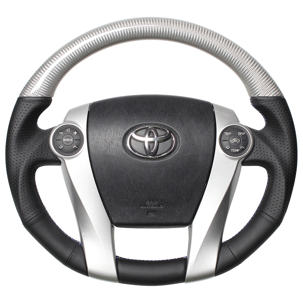 REAL PREMIUM SERIES OVAL SHAPE SILVER CARBON GLOSSY BLUE X SILVER EURO STITCH STEERING WHEEL FOR TOYOTA PRIUS Α 40  30-BST-SLC