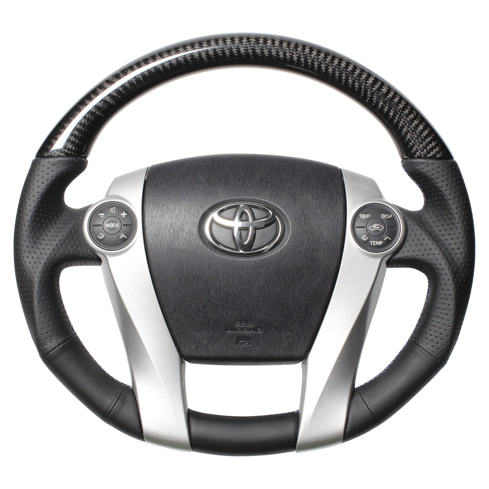 REAL PREMIUM SERIES OVAL SHAPE BLACK CARBON BLUE X SILVER EURO STITCH STEERING WHEEL FOR TOYOTA PRIUS PHV 30  30-BS-BKC