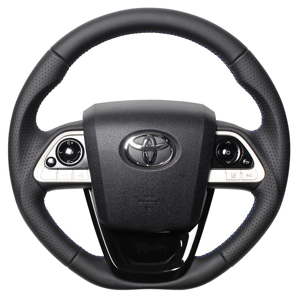 REAL PREMIUM SERIES SET BLACK NAPPA ALL LEATHER STEERING + PIANO BLACK UNDER PAD BLUE X BLACK EURO STITCH STEERING WHEEL FOR TOYOTA PRIUS 50  50P-LPB-BL-PBP