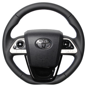 REAL PREMIUM SERIES SET BLACK NAPPA ALL LEATHER STEERING + PIANO BLACK UNDER PAD BLUE X BLACK EURO STITCH STEERING WHEEL FOR TOYOTA PRIUS 50  50P-LPB-BL-PBP