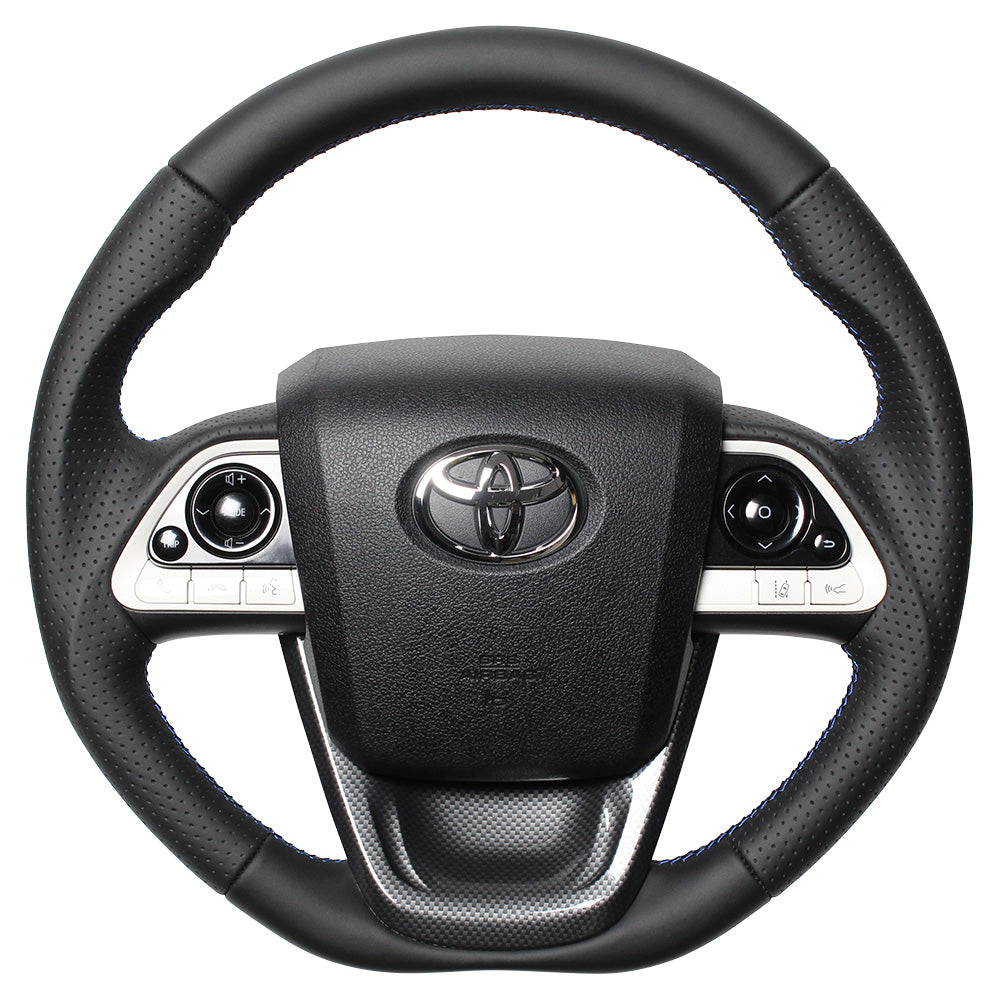 REAL PREMIUM SERIES SET BLACK NAPPA ALL LEATHER STEERING + BLACK CARBON PRINT UNDER PAD BLUE X BLACK EURO STITCH STEERING WHEEL FOR TOYOTA MIRAI 10  50P-LPB-BL-BKT
