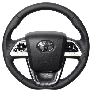 REAL PREMIUM SERIES SET BLACK NAPPA ALL LEATHER STEERING + BLACK CARBON PRINT UNDER PAD BLUE X BLACK EURO STITCH STEERING WHEEL FOR TOYOTA MIRAI 10  50P-LPB-BL-BKT