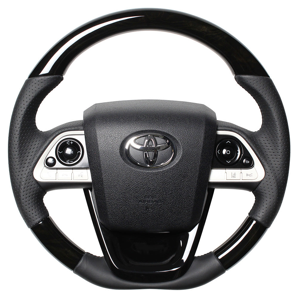 REAL PREMIUM SERIES SET BLACK WOOD STEERING + PIANO BLACK UNDER PAD BLACK EURO STITCH STEERING WHEEL FOR TOYOTA PRIUS 50  50P-BKW-BK-PBP