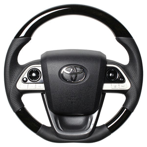 REAL PREMIUM SERIES SET BLACK WOOD STEERING + BLACK CARBON PRINT UNDER PAD BLACK EURO STITCH STEERING WHEEL FOR TOYOTA PRIUS 50  50P-BKW-BK-BKT
