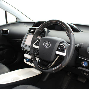 REAL PREMIUM SERIES SET BLACK CARBON STEERING + PIANO BLACK UNDER PAD BLACK EURO STITCH STEERING WHEEL FOR TOYOTA MIRAI 10  50P-BKC-BK-PBP