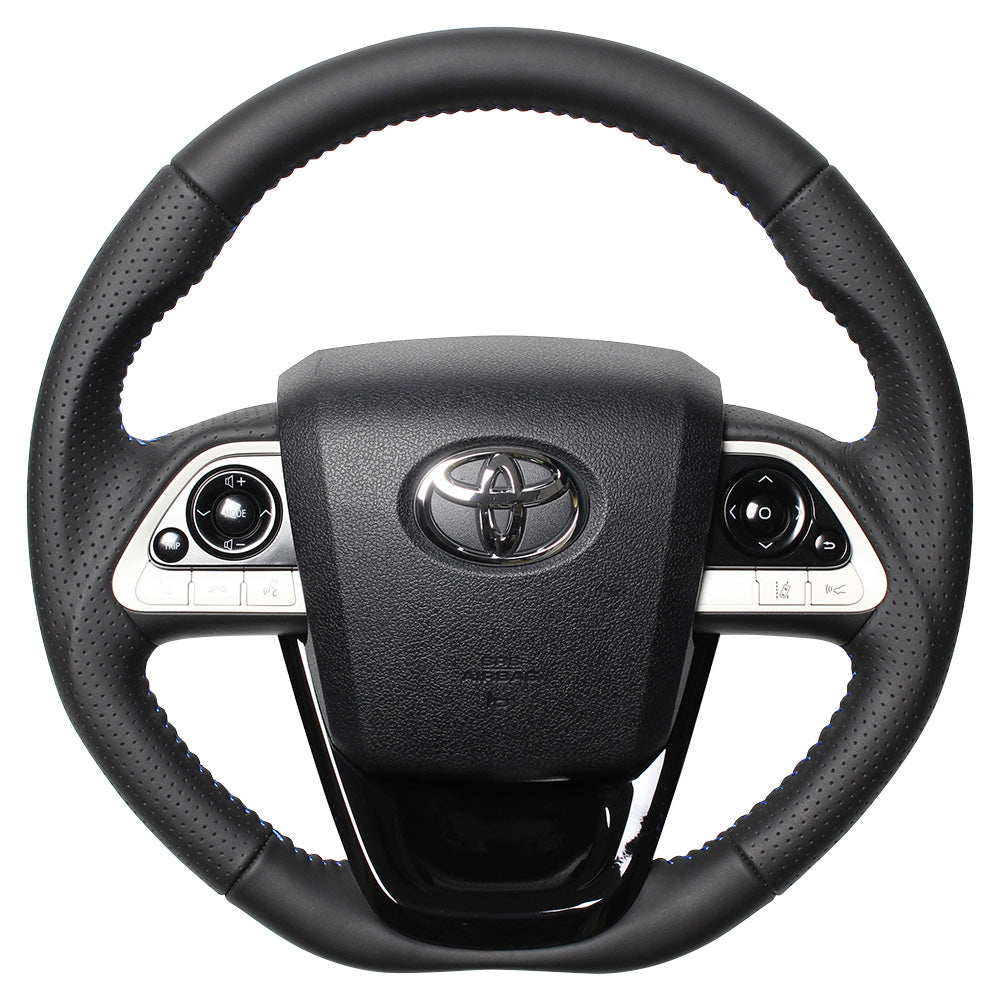 REAL ORIGINAL SERIES SET ALL LEATHER STEERING + PIANO BLACK UNDER PAD BLUE STITCH STEERING WHEEL FOR TOYOTA PRIUS 50  50-LPB-BL-PBP