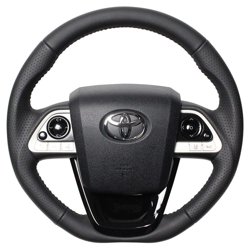 REAL ORIGINAL SERIES SET ALL LEATHER STEERING + PIANO BLACK UNDER PAD BLACK STITCH STEERING WHEEL FOR TOYOTA PRIUS 50  50-LPB-BK-PBP