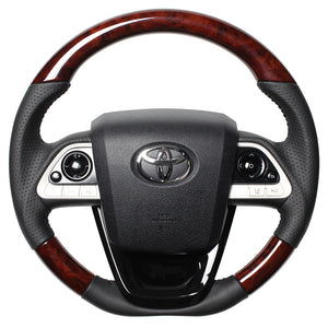REAL ORIGINAL SERIES SET BROWN WOOD STEERING + PIANO BLACK UNDER PAD BLACK STITCH STEERING WHEEL FOR TOYOTA MIRAI 10  50-BRW-BK-PBP