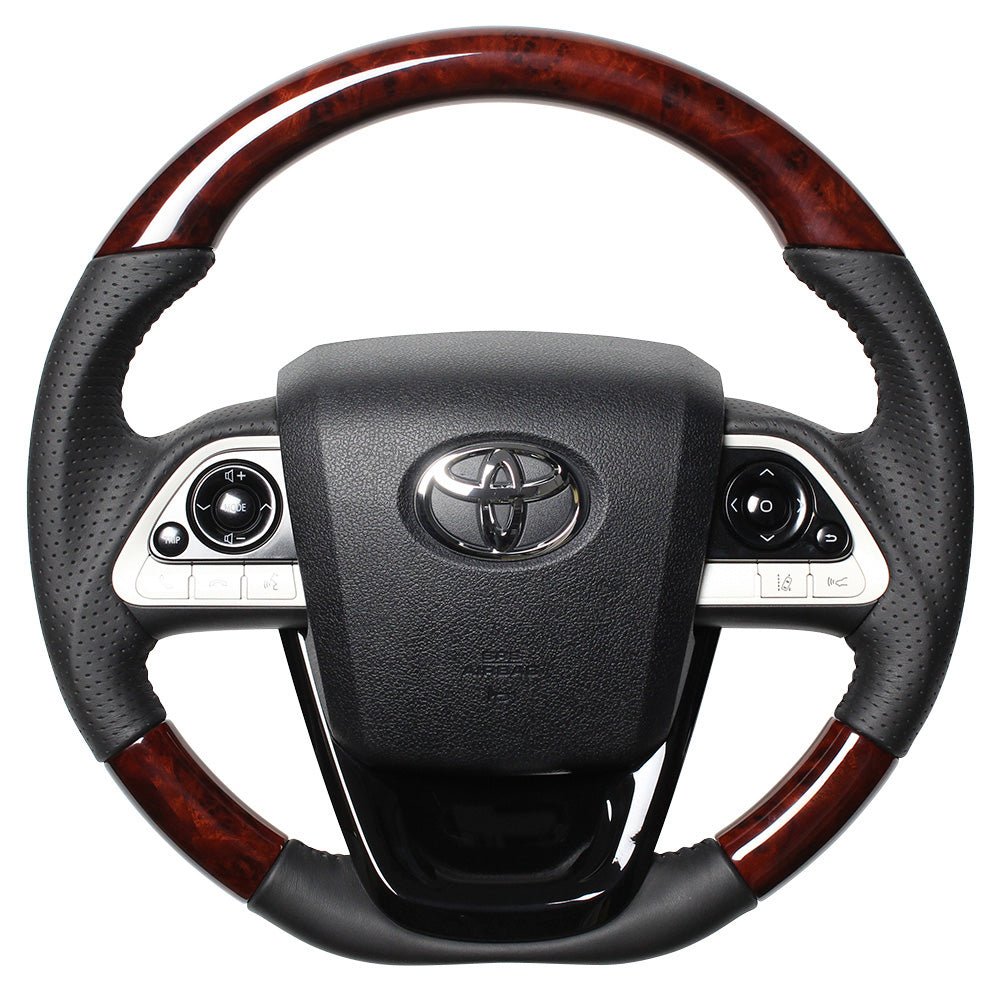 REAL ORIGINAL SERIES SET BROWN WOOD STEERING + PIANO BLACK UNDER PAD BLACK STITCH STEERING WHEEL FOR TOYOTA PRIUS 50  50-BRW-BK-PBP