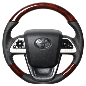 REAL ORIGINAL SERIES SET BROWN WOOD STEERING + BLACK CARBON PRINT UNDER PAD BLACK STITCH STEERING WHEEL FOR TOYOTA PRIUS PHV 50  50-BRW-BK-BKT