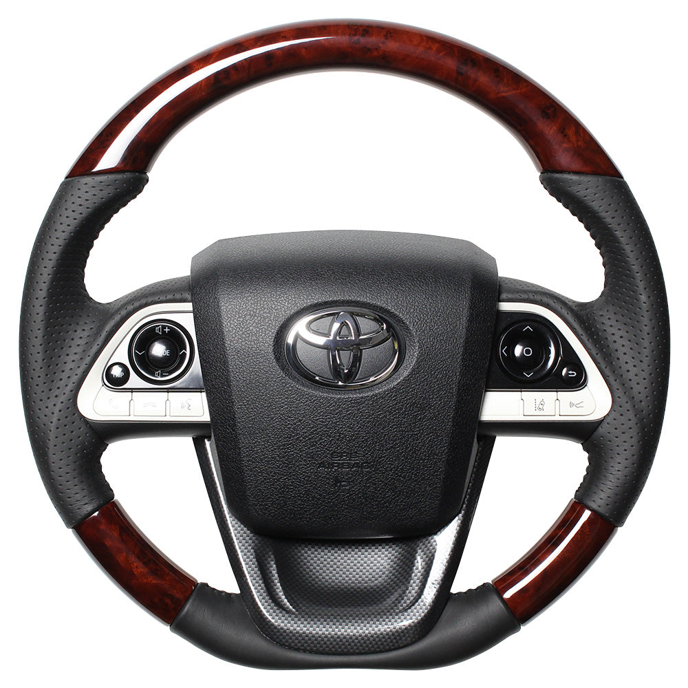 REAL ORIGINAL SERIES SET BROWN WOOD STEERING + BLACK CARBON PRINT UNDER PAD BLACK STITCH STEERING WHEEL FOR TOYOTA PRIUS 50  50-BRW-BK-BKT