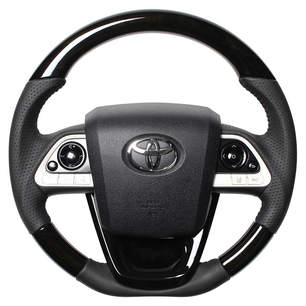REAL ORIGINAL SERIES SET BLACK WOOD STEERING + PIANO BLACK UNDER PAD BLACK STITCH STEERING WHEEL FOR TOYOTA PRIUS PHV 50  50-BKW-BK-PBP