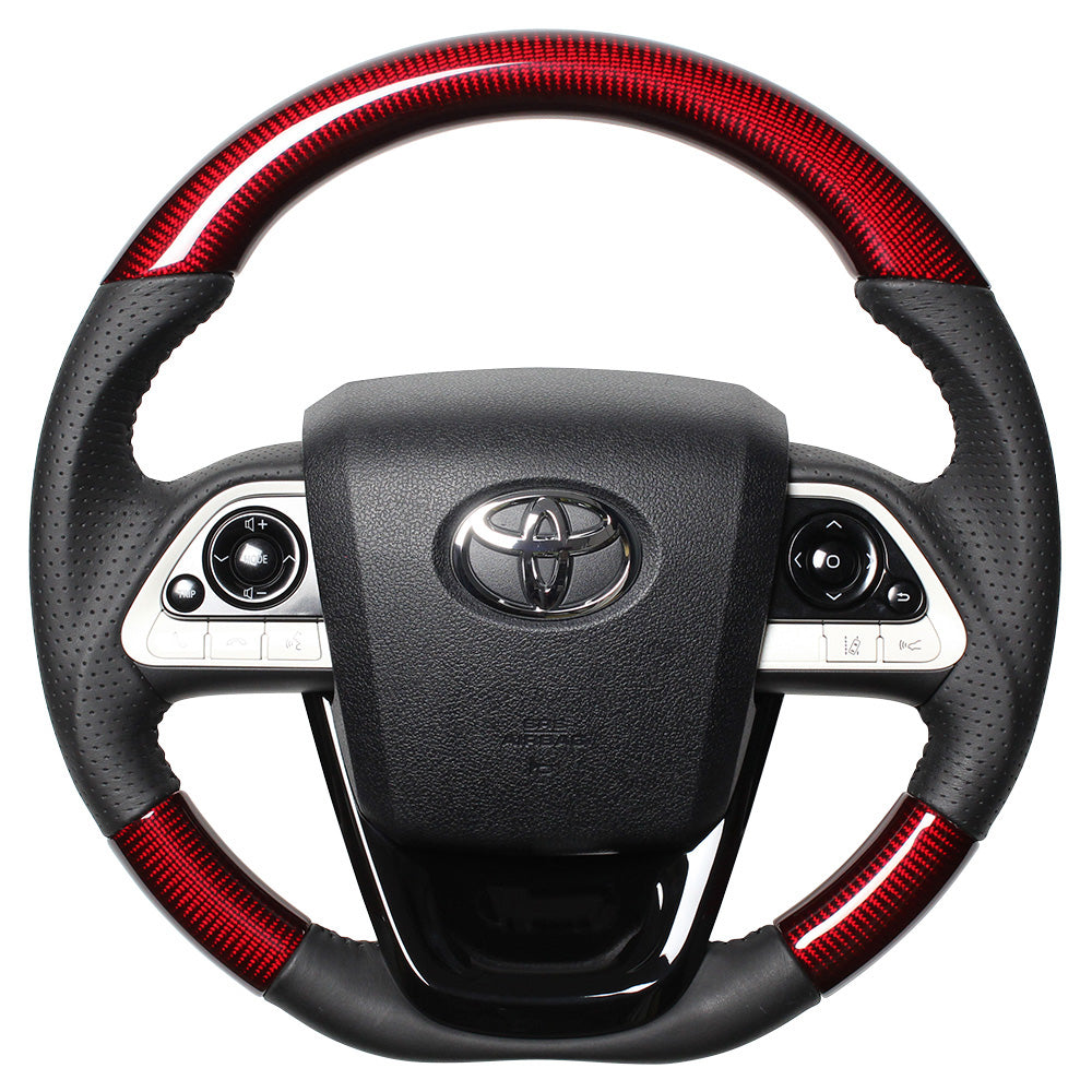 REAL ORIGINAL SERIES SET RED CARBON STEERING + PIANO BLACK UNDER PAD BLACK STITCH STEERING WHEEL FOR TOYOTA PRIUS 50  50-RDC-BK-PBP