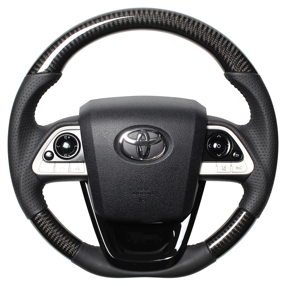 REAL ORIGINAL SERIES SET BLACK CARBON STEERING + PIANO BLACK UNDER PAD BLACK STITCH STEERING WHEEL FOR TOYOTA PRIUS PHV 50  50-BKC-BK-PBP