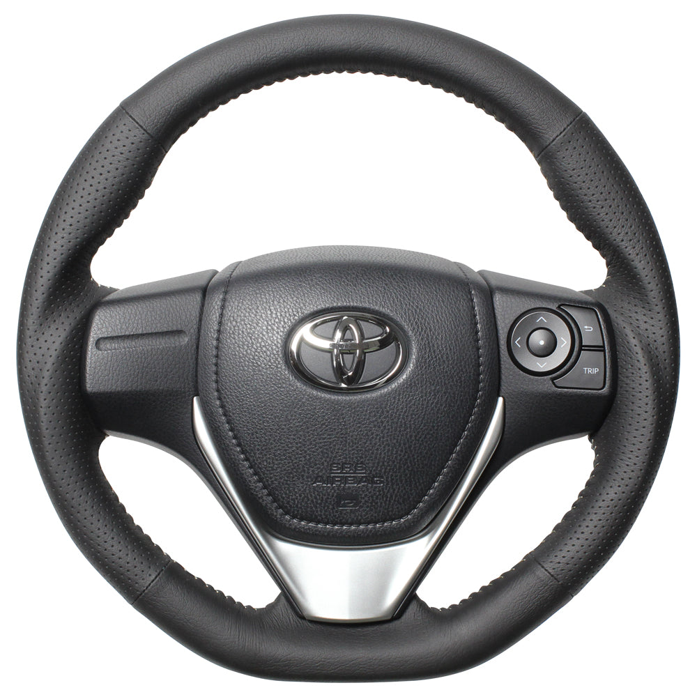 REAL ORIGINAL SERIES D SHAPE BLACK ALL LEATHER SILVER STITCH STEERING WHEEL FOR TOYOTA AURIS 180  E160-LPB-SL